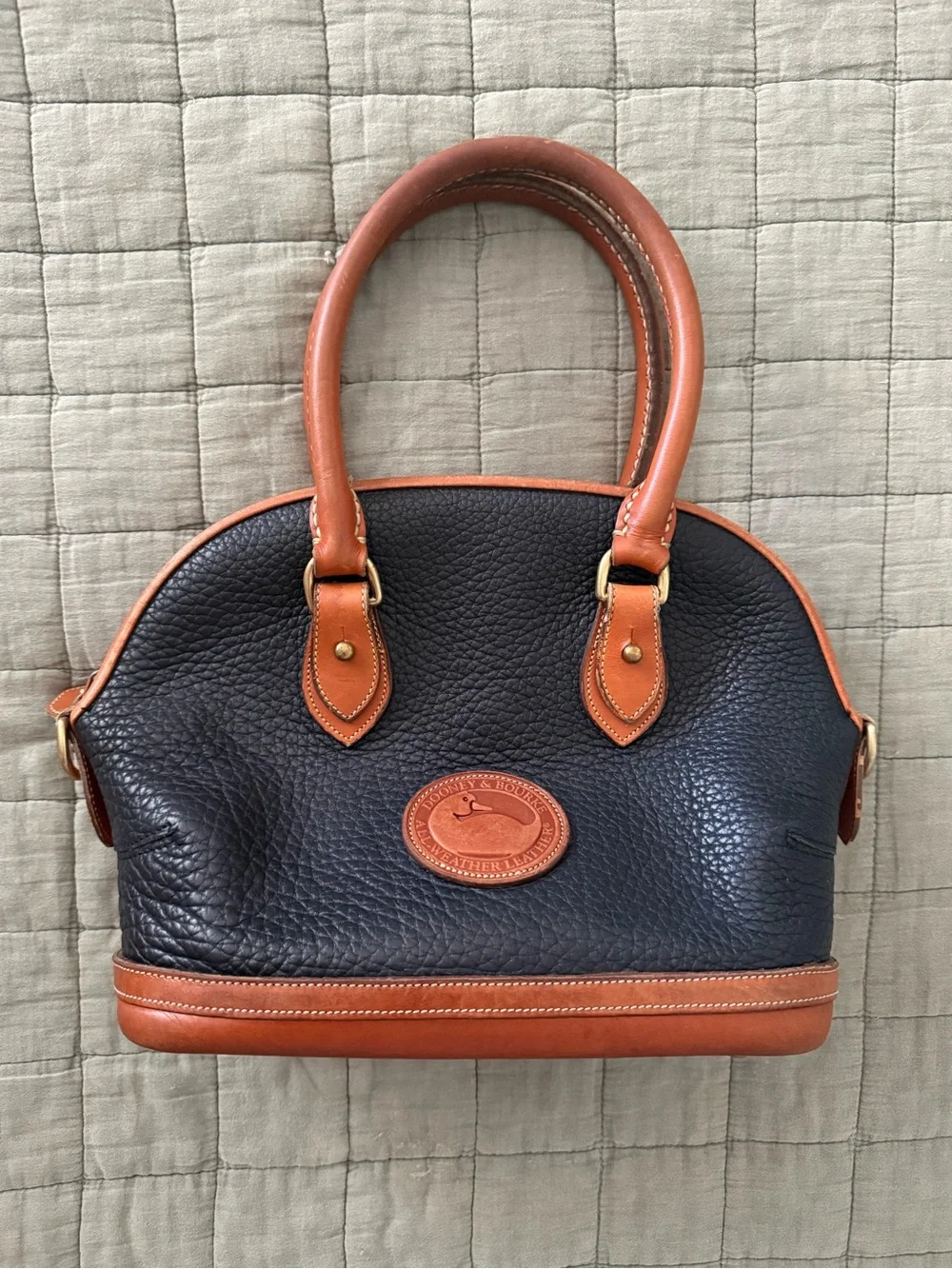 Dooney & Bourke Navy Pebbled Leather Satchel with Tan Trim